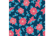 Vector blue, red poinsettia flower and holly berry holiday seamless pattern background. Great for winter themed packaging, giftwrap, gifts projects.