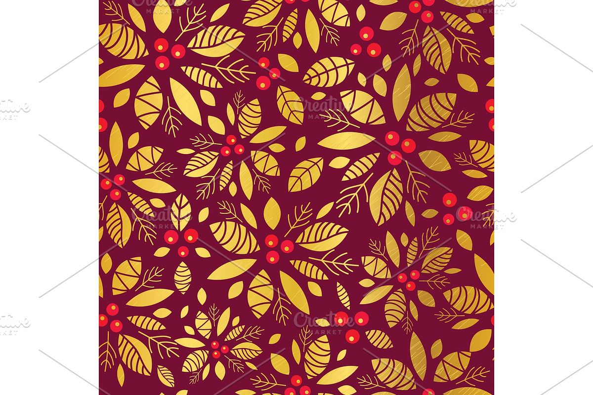 Vector gold and red holly berry holiday seamless pattern background. Great for winter themed packaging, giftwrap, gifts projects. in Textures - product preview 8