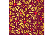 Vector gold and red holly berry holiday seamless pattern background. Great for winter themed packaging, giftwrap, gifts projects.