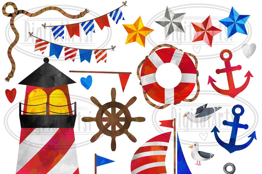 Watercolor Nautical Clipart in Illustrations - product preview 8