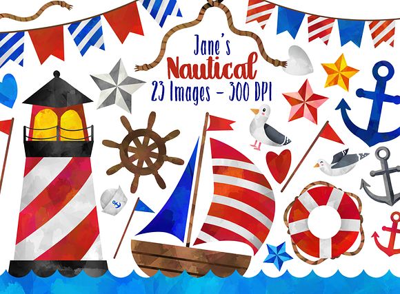 Watercolor Nautical Clipart in Illustrations - product preview 1