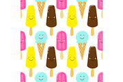 Cute seamless pattern with funny cartoon characters of ice cream with pink cheeks and winking eyes on white background