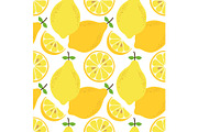 Cute hand drawn seamless pattern with lemon citrus fruit and slices isolated on white background