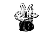 Bunny ears in magician hat engraving vector