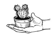 Hand with cactus engraving vector illustration