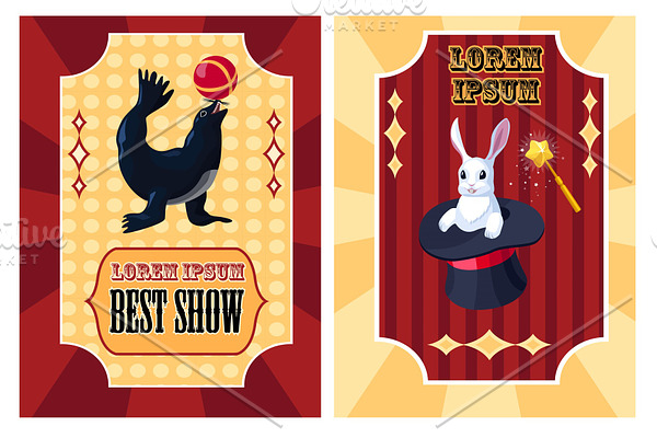 Vector circus poster with circus seal Vector circus poster vith rabbit in hat and magic wand