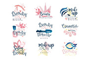 Beauty salon logo design, set of colorful hand drawn watercolor Illustrations