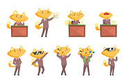 Cute businessman fox character at work and rest, funny cat in different situations set of cartoon colorful Illustrations