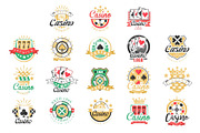 Casino logo design, set of colorful gambling emblems, labels, badges, vector Illustrations