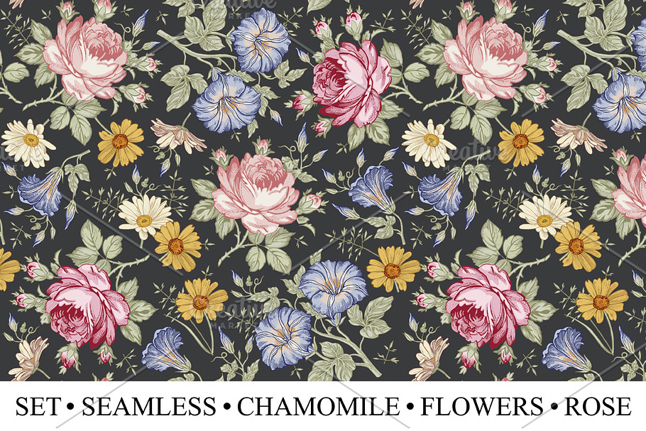 Set Seamless Flowers Rose Chamomile in Illustrations - product preview 8