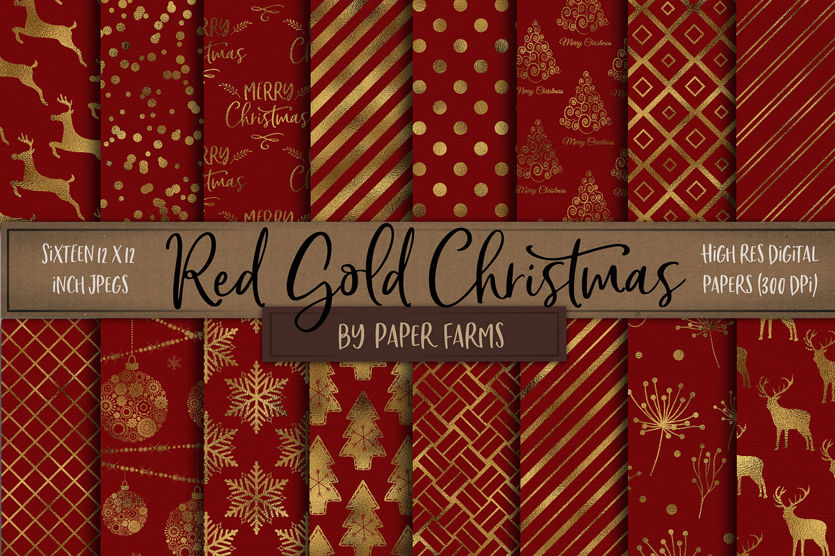 Red and gold Christmas digital paper in Patterns - product preview 8