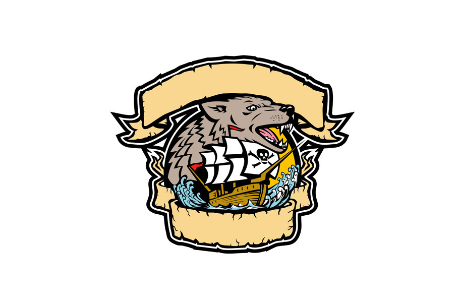 Angry Wolf Pirate Ship Banner Retro