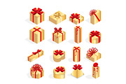 Isometric Set of colorful gift boxes with bows and ribbons. Surprise inside. Lots of presents. Flat style vector illustration isolated on white background.
