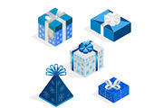 Isometric Set of colorful gift boxes with bows and ribbons. Surprise inside. Vector illustration.