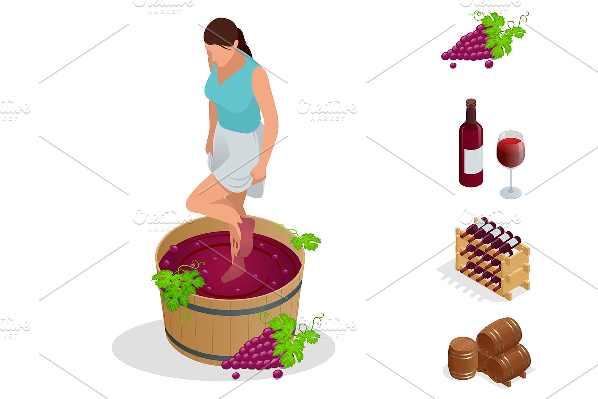 Isometric wine production icons collection. Girl crushes grapes for making wine. Wine festival. Vector illustration isolated on white background in Objects - product preview 8