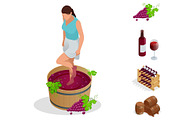 Isometric wine production icons collection. Girl crushes grapes for making wine. Wine festival. Vector illustration isolated on white background