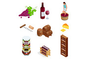 Isometric wine production icons collection. Vector illustration isolated on white background