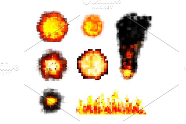 pixel boom. retro game explosions. vector set