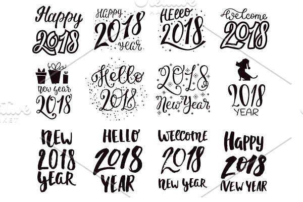 2018 happy New Year black text logo for holiday calendar print design or Christmass newborn yearly party illustration