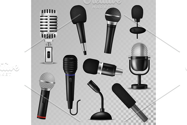 Microphone vector sound music audio voice mic recorder karaoke studio radio record phonetic vintage old and modern interview micro device set 3d isolated illustration