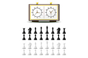 Chess board and chessmen vector leisure concept knight group white and black piece competition
