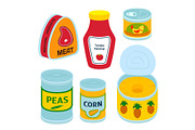 Collection of various tins canned goods food metal container product vector illustration.