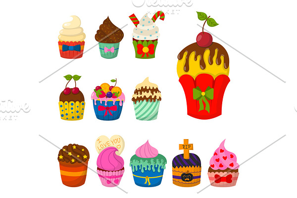 Set of cute vector cupcakes and muffins chocolate celebration birthday food sweet bakery party cute sprinkles decoration.