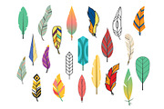 Tribal flat feather different style bird vintage colorful ethnic hand drawn element decorative drawing nature quill painting vector illustration.