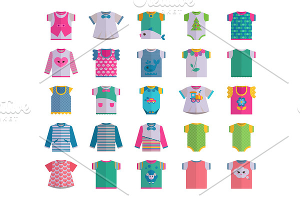 Vector flat baby infant clothes textile icon set design casual fabric colorful dress child garment wear illustration t-short and dresses