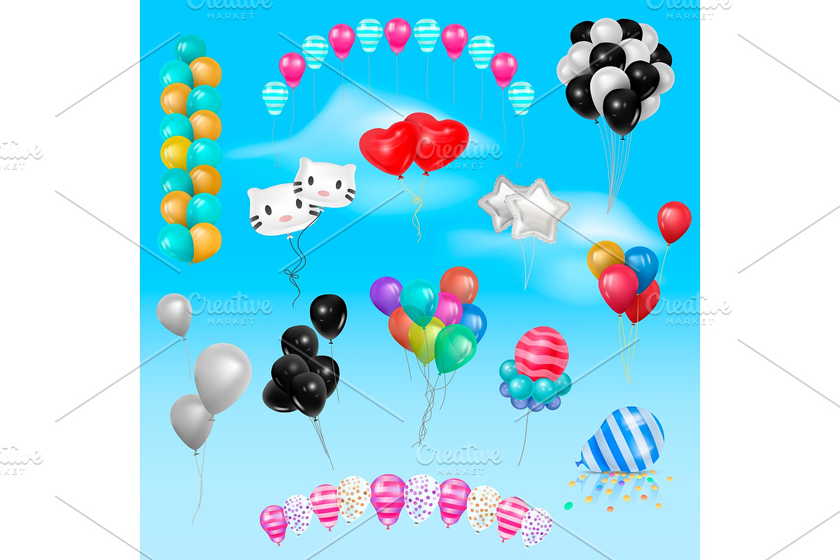 Different 3d realistic balloonss in air happy Birthday gift collection of colorful gel balls vector set illustration in Objects - product preview 8
