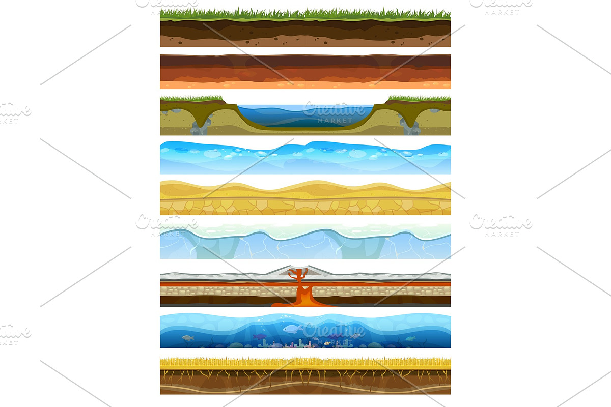 Landscape earthy slice soil section mountains with water geological land underground nature cross land ground vector illustration. in Objects - product preview 8