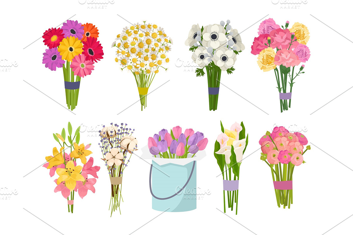 Flowers brunch bouquet set collection flat floral vector garden vector illustration. in Illustrations - product preview 8