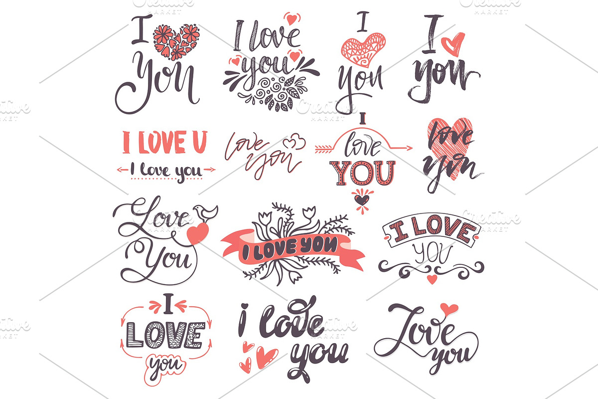 I love You text logo phrases Valentine Day or Wedding ceremony lovely font calligraphy design vector set. in Objects - product preview 8