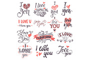 I love You text logo phrases Valentine Day or Wedding ceremony lovely font calligraphy design vector set.