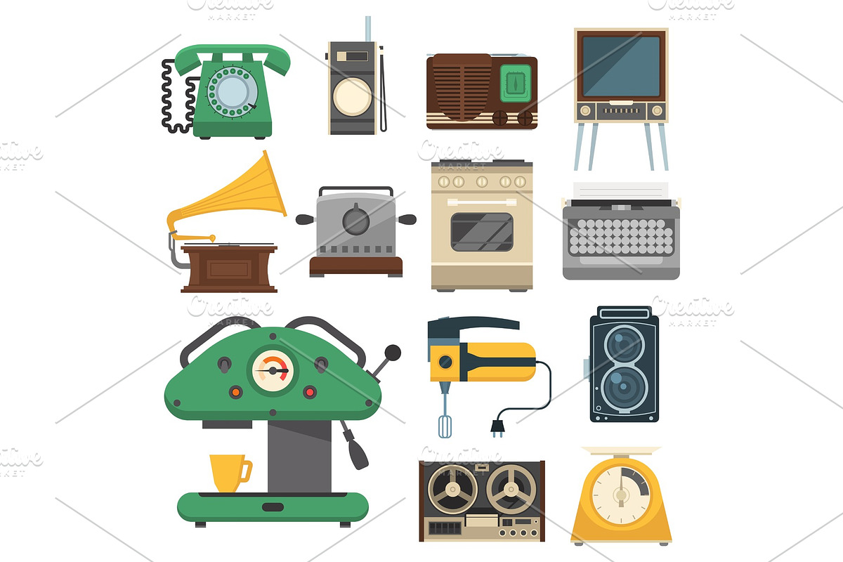 Retro vintage household appliances vector kitchenware antique technology utensil housework electric equipment illustration. in Illustrations - product preview 8