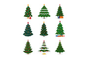 Christmas New Year tree vector icons with ornament star Xmas tree design holiday celebration winter season party plant.