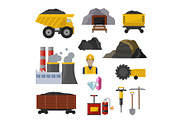 Coal extraction production mining heavy industry coalminer underground work transportation vector illustration