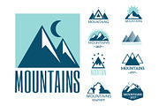 Vector set of mountain exploration vintage emblems and rock silhouette design elements