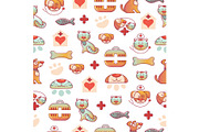 Veterinary pets clinic animal seamless pattern background dogs and cats vet clinic veterinarian shop vector illustration.