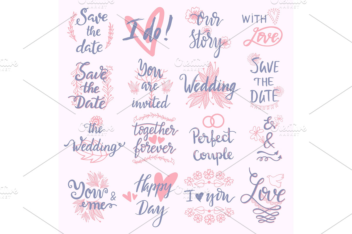 Wedding Day marriage phrases text lettering invitation calligraphy handdrawn greeting love logo romantic vector illustration in Illustrations - product preview 8