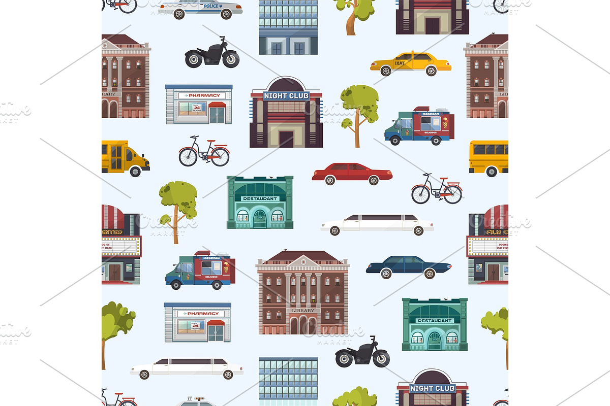Modern urban city buildings and transport seamless pattern megapolice town background vector illustration in Objects - product preview 8