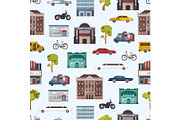 Modern urban city buildings and transport seamless pattern megapolice town background vector illustration