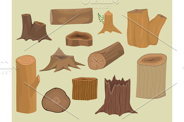Stacked wood pine timber for construction building cut stump lumber tree bark materials vector set