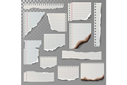 Pieces of torn white lined notebook paper square line rag white and burned page vector illustration.