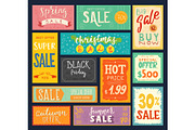Price tags sales stickers discount promotion sign badge advertising banner offer coupon vector illustration.