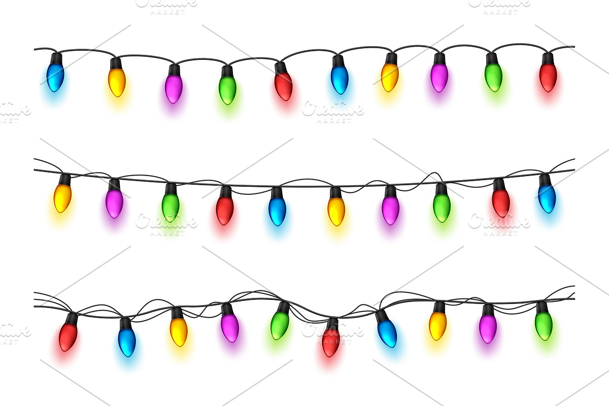 Christmas glowing lights on white background. Garlands with colored bulbs. Xmas holidays. Christmas greeting card design element. New year,winter. in Objects - product preview 8