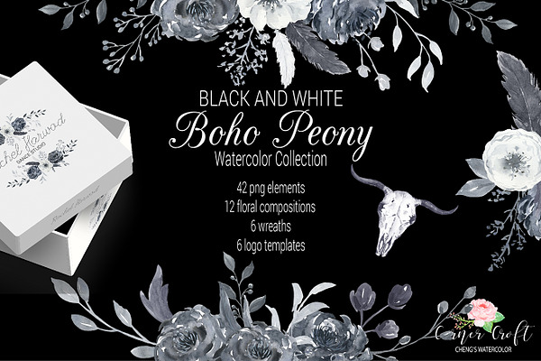 Watercolor Boho Peony Black & White