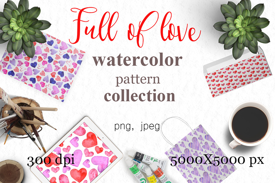 Full of love watercolor pattern set