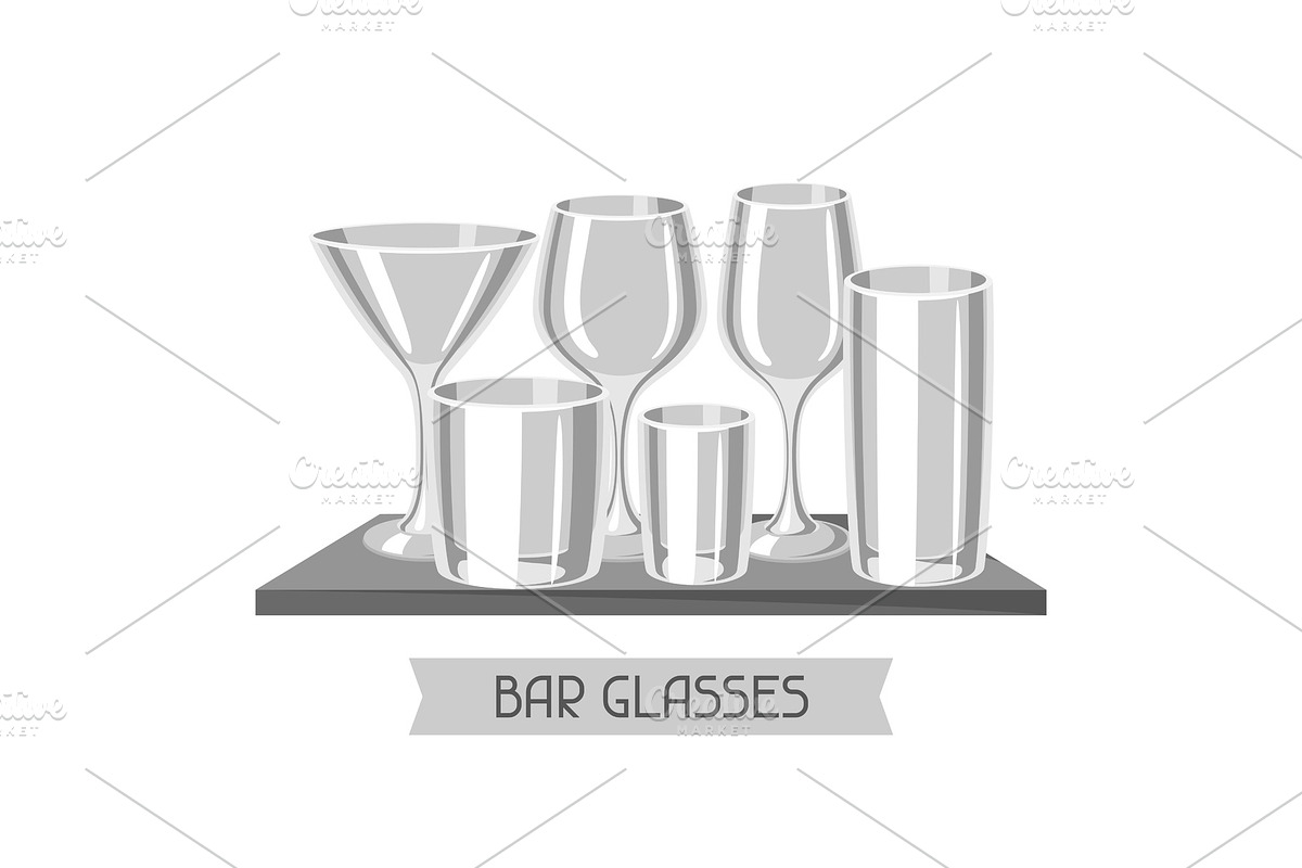 Types of bar glasses. Set of alcohol glassware on shelf in Illustrations - product preview 8