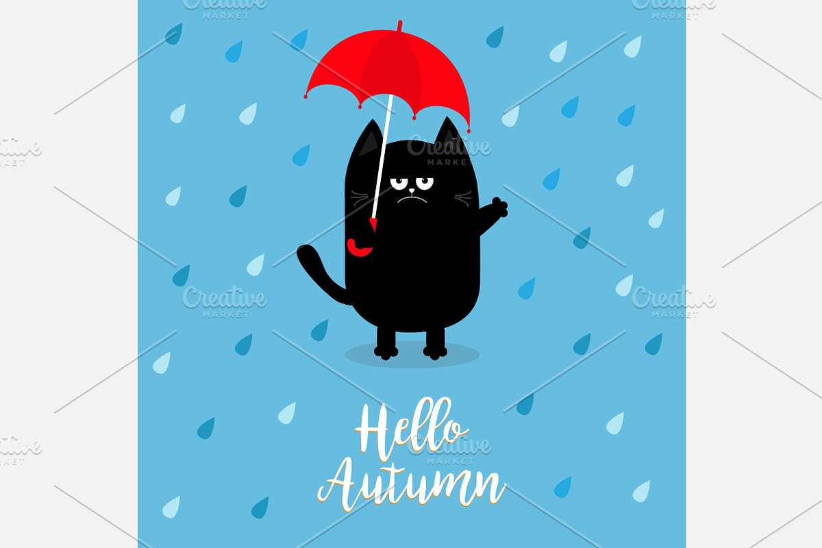 Hello autumn. Black cat red umbrella in Illustrations - product preview 8